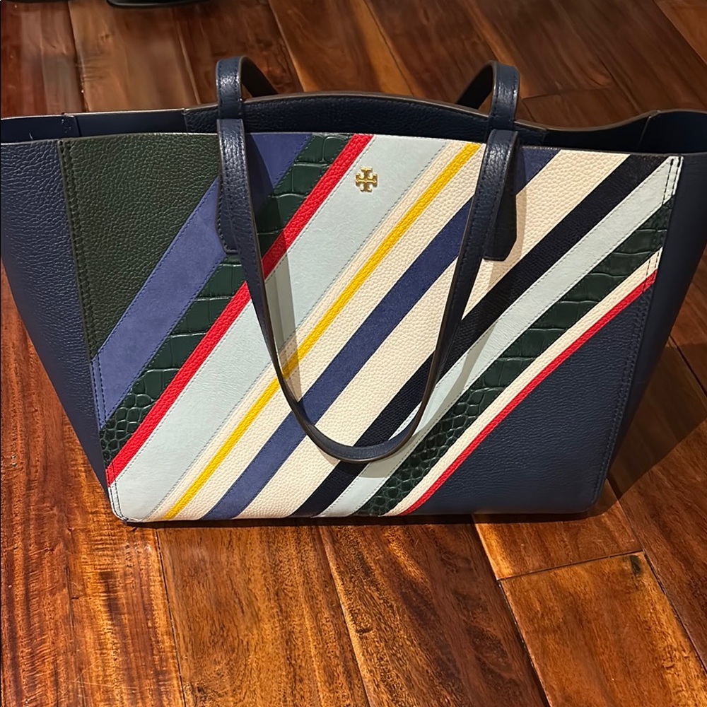 Tory Burch Navy and Multicolor Striped Tote